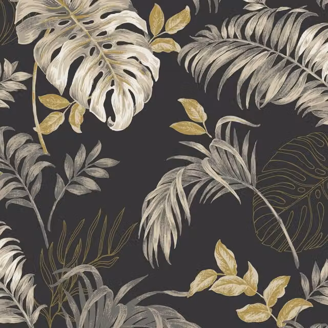 Grandeco Allison Palm Leaf Foliage Blown Vinyl Wallpaper in Black – 1