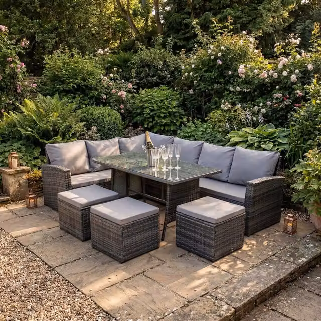 Home Garden Direct Dartmouth 9-Seat Corner Rattan Dining Sofa Set in Grey