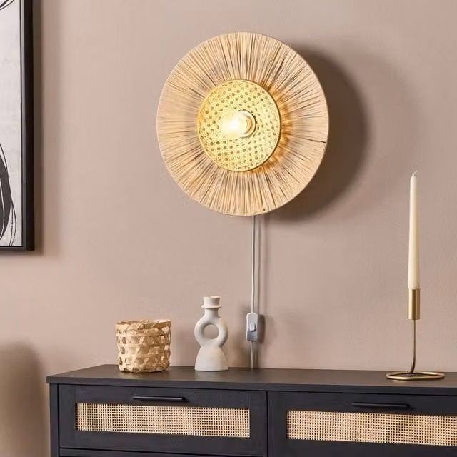 Wyld and Coco Japandi Wall Lamp in Beige with Natural Paper and Rattan Shade – 1