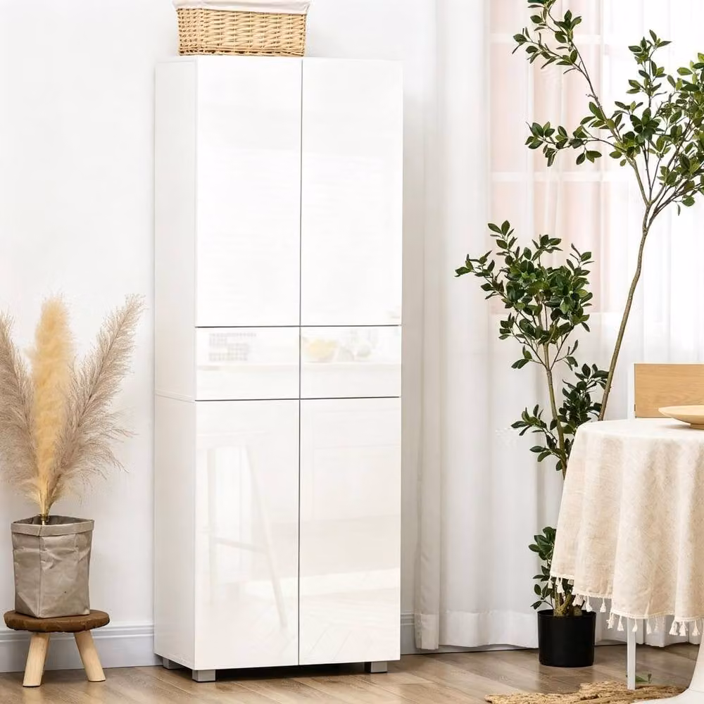 STILVORA Modern High Gloss White Freestanding Storage Cabinet with 2 Drawers and Hinged Doors