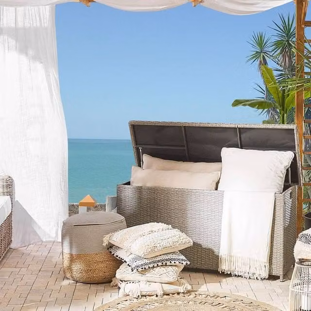 Wyld and Coco Outdoor Storage Box in Beige Faux Rattan, W/D/H: 126 x 46 x 63 cm