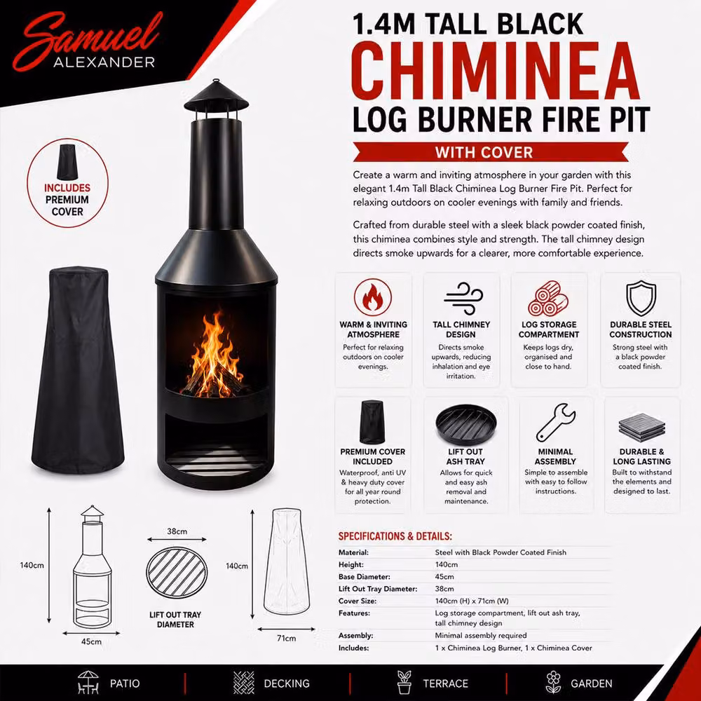 Samuel Alexander Black Steel Outdoor Garden Chiminea Log Burner Fire Pit with Log Store and Cover, Height: 140 cm – 6