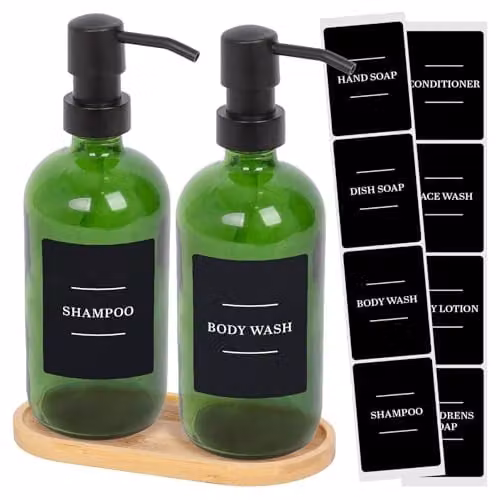Harbour Housewares 2 Piece Glass Soap Dispenser Set with Bamboo Tray and Labels, 500ml, Green and Black – 1
