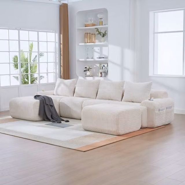 Matteo Modular 4-Seater Corduroy Sofa in Beige with Matching Ottomans and Cup Holders
