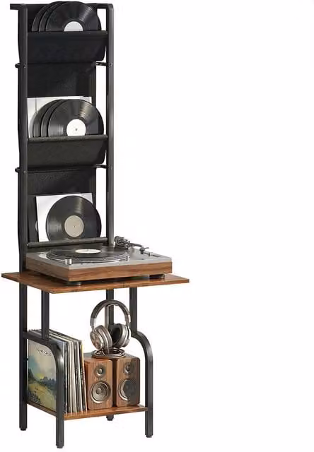 Rolipo Black Vinyl Record Player Stand with Fabric Storage Pockets and Media Compartments – 1