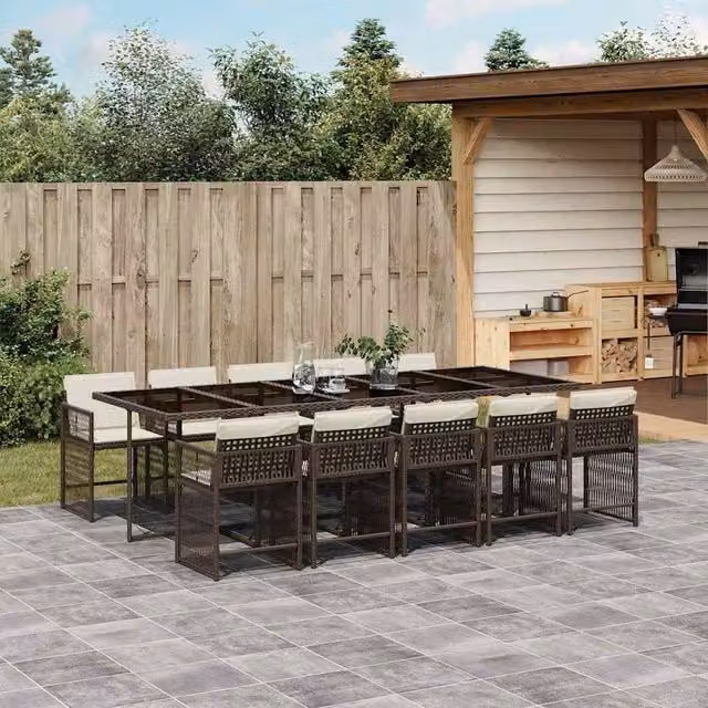 Berkfield Home 11 Piece Brown Poly Rattan Garden Dining Set with Cushions – 1