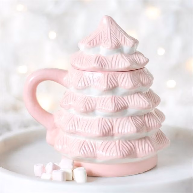 KDMD Pink Ceramic Christmas Tree Mug with Lid