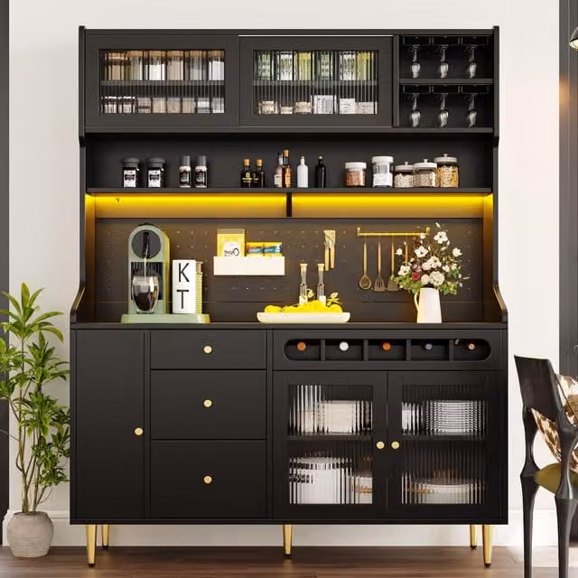 Aosom UK Modern Black Freestanding Highboard with LED Lighting, Adjustable Shelves and Pull-Out Wine Rack, W: 39 cm, D: 39 cm, H: 171 cm – 1