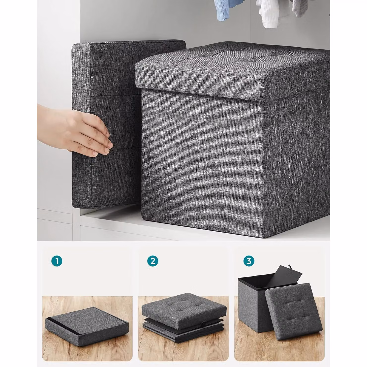 SONGMICS Small Foldable Storage Ottoman Foot Rest in Dark Grey – 4