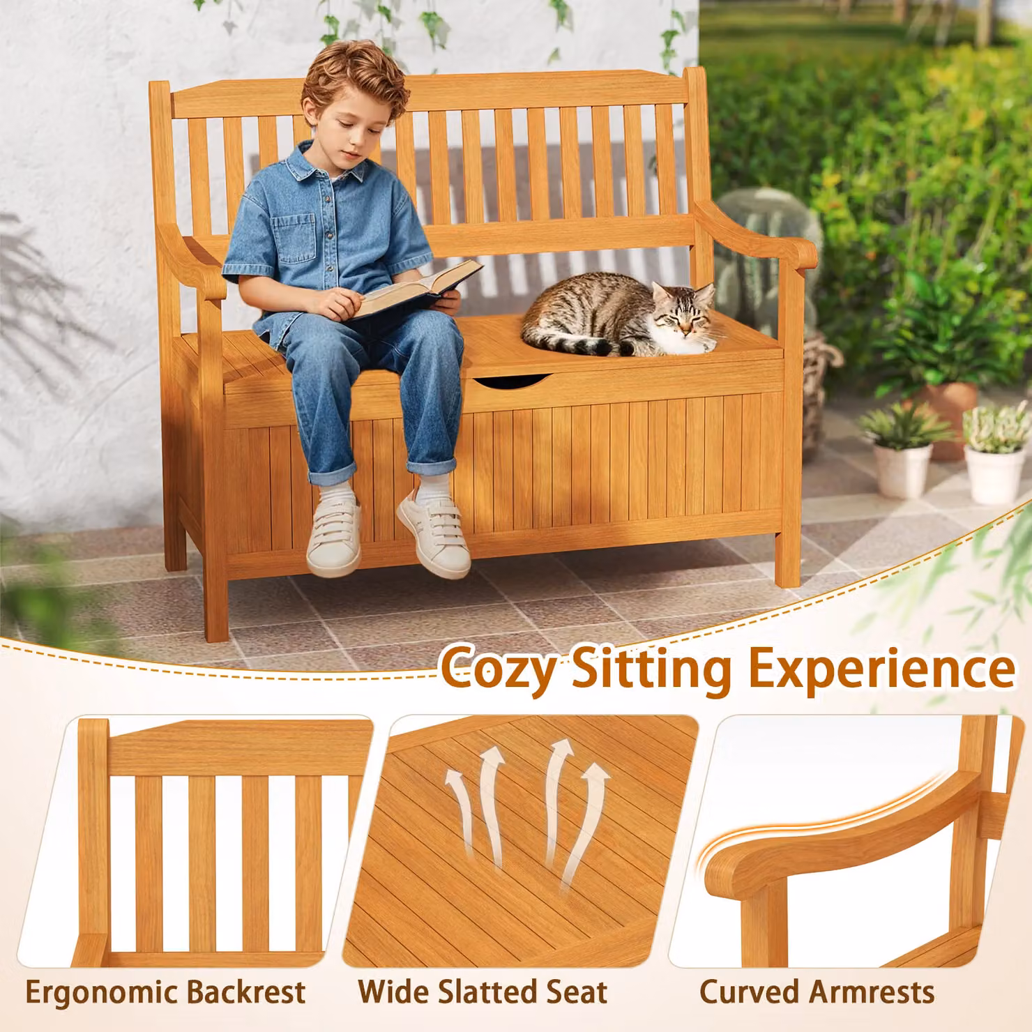 Costway 125L Outdoor Acacia Wood Storage Bench Deck Box Loveseat in Natural Brown – 4