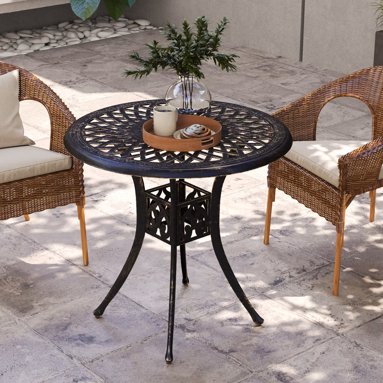 Outsunny Antique Cast Aluminium Round Garden Dining Table with Parasol Hole, Bronze Tone, Diameter: 78 cm – 5