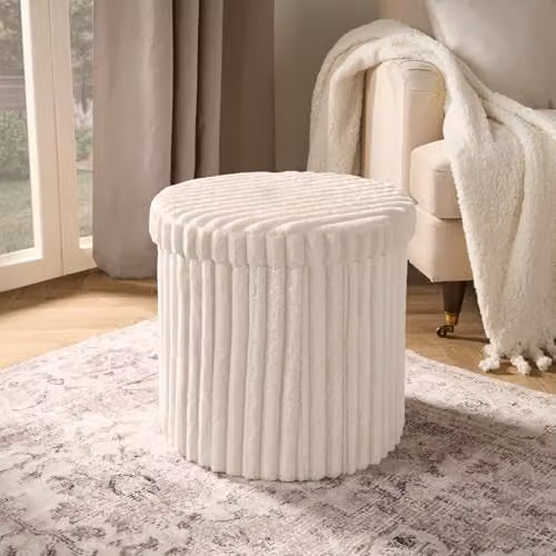OHS Round Ribbed Storage Ottoman in Cream with Lid and Hidden Storage Space – 1