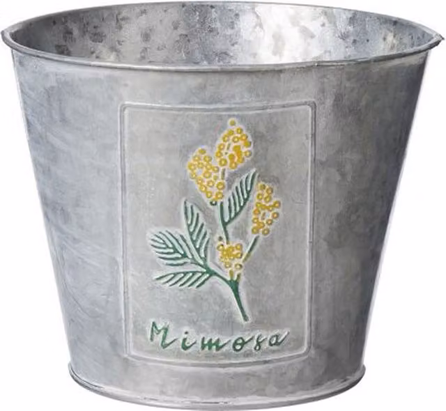 Spring Vibe Mimosa Floral Zinc Plant Pot, Silver, Yellow and Green, Diameter: 17 cm