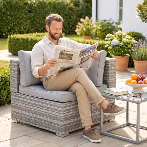 Outsunny L-Shape Grey Polyrattan Garden Corner Sofa with Upholstered Cushions – 8