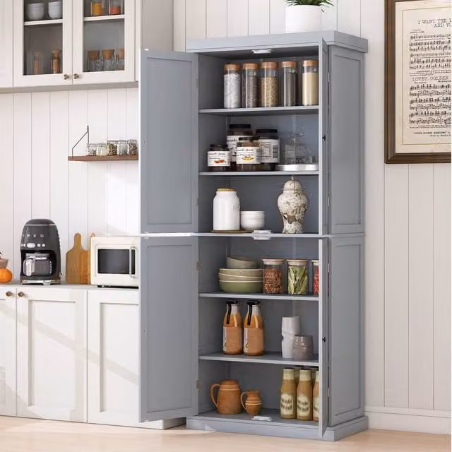 Gymax Modern Tall Buffet Cabinet in Grey with Hinged Doors and Internal Shelves