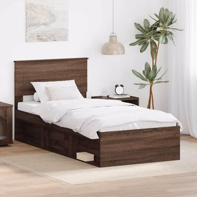 Berkfield Home Modern Bed Frame with Headboard in Brown Oak, W: 75 cm, L: 190 cm – 1
