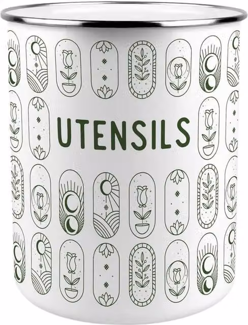 Purely Home Ceramic Boho Minimalism Freestanding Kitchen Utensil Holder in Green and White