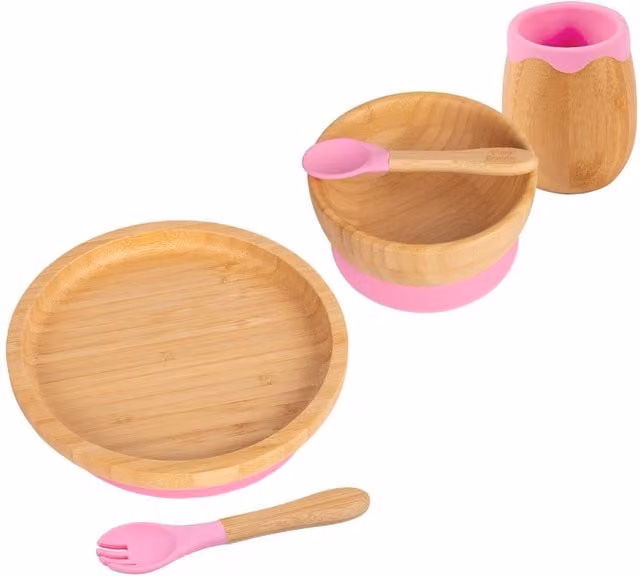 Tiny Dining 5pc Bamboo and Silicone Round Baby Weaning Set in Pink