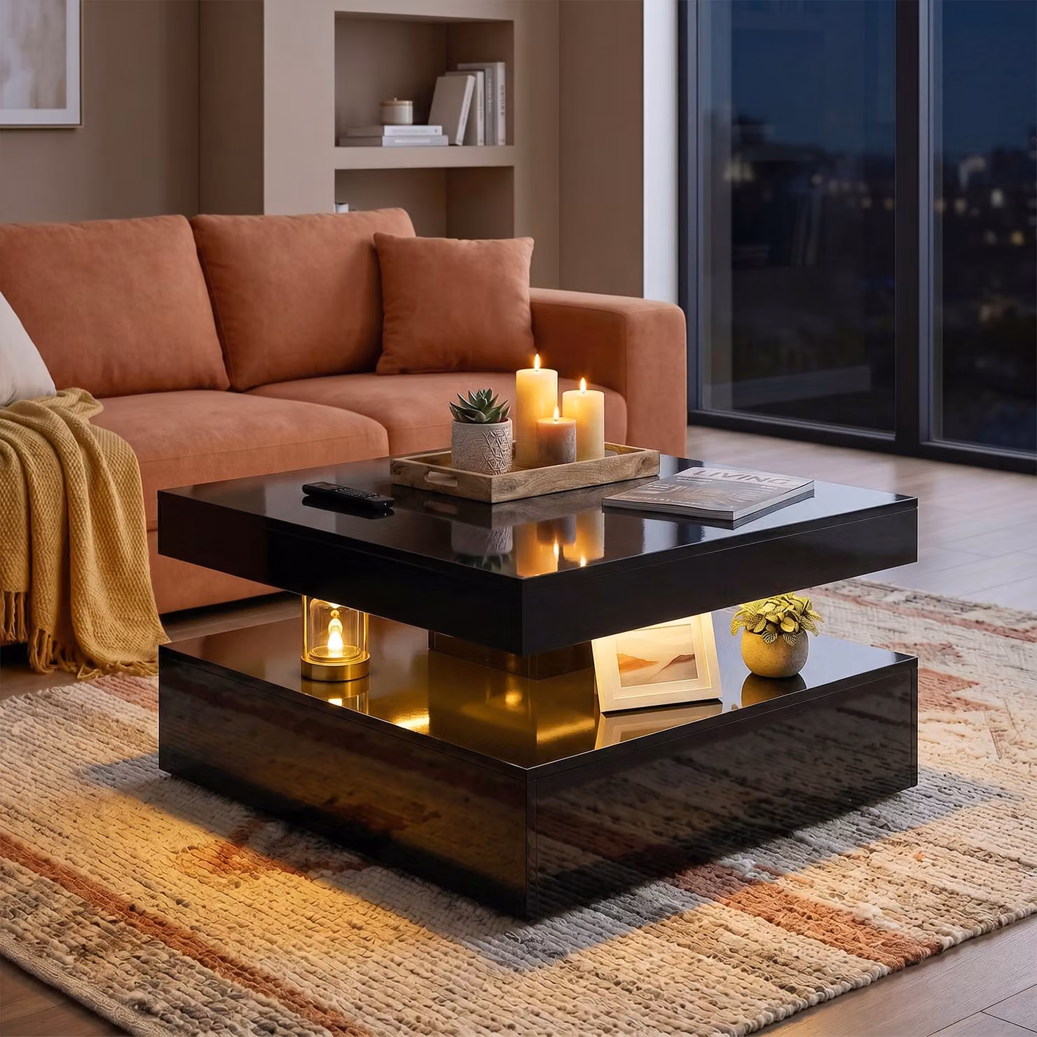 HOMCOM Modern 2-Tier LED Coffee Table with Storage and Open Shelf in High Gloss Black – 8