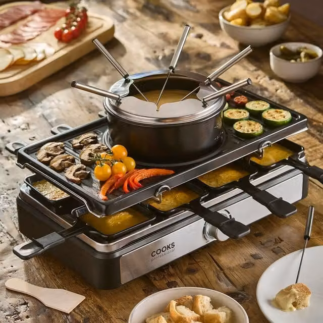 Cooks Professional Electric Raclette Grill and Fondue Set, 1400W, Black