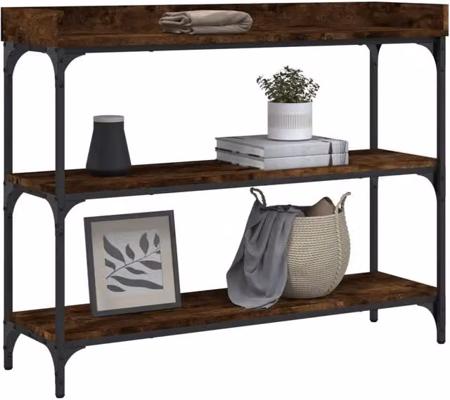Berkfield Home Decorative Console Table with Shelves in Smoked Oak Brown, W/D/H: 100 x 30 x 80 cm
