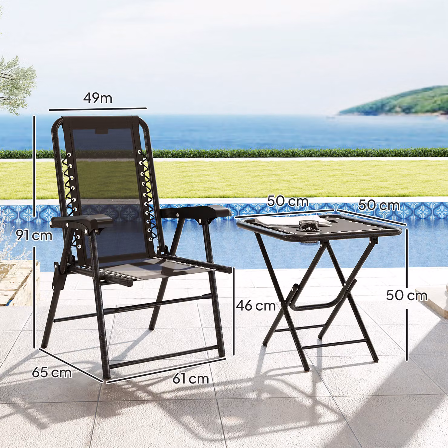 Outsunny Three-Piece Modern Garden Table and Chair Set in Black Matt Powder Coated Steel – 3