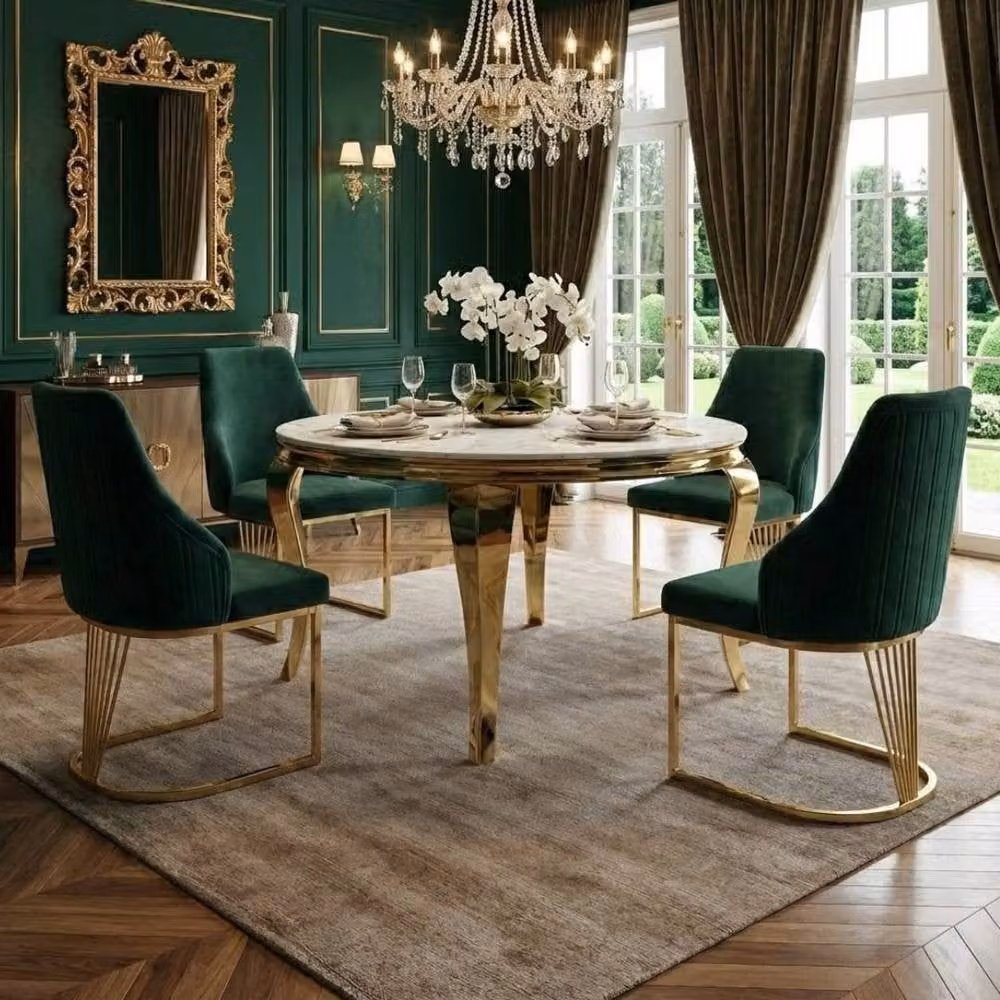 HOME LUXE INTERIOR Sofia Round Cream and Gold Marble Dining Table with 4 Lasco Green and Gold Chairs, Diameter: 150 cm – 2