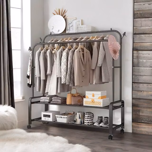 Pirlo Plush Heavy Duty Metal Clothes Rail Open Wardrobe with 2 Storage Shelves in Matt Black – 1