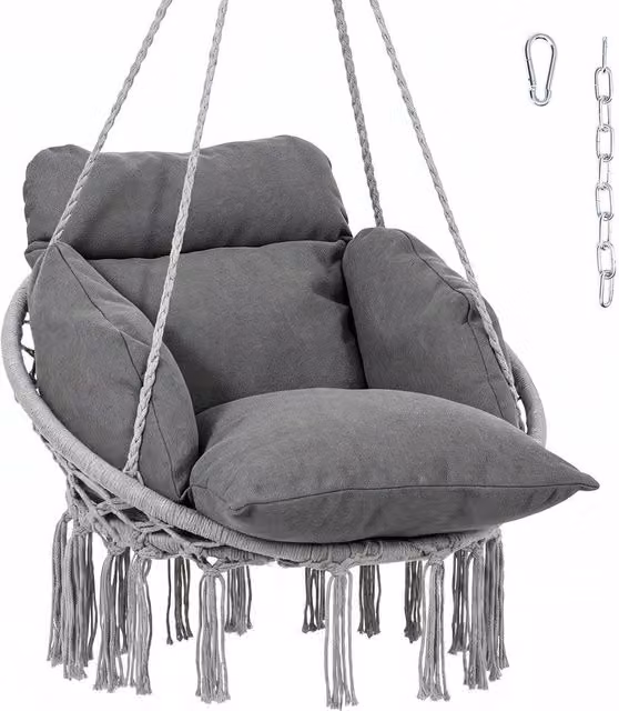 PAWNORA Grey Hanging Swing Chair with Weatherproof Cushion for Outdoor and Garden Use