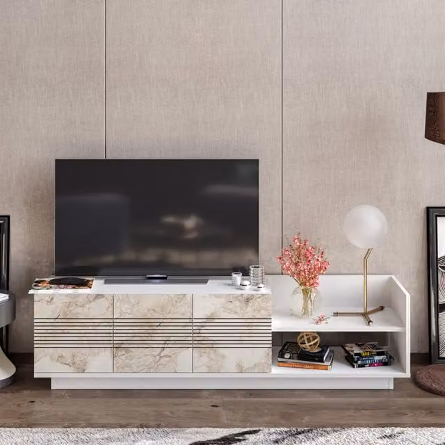 Decorotika Viana Modern Abstract TV Unit in White and Wood, W: 167 cm