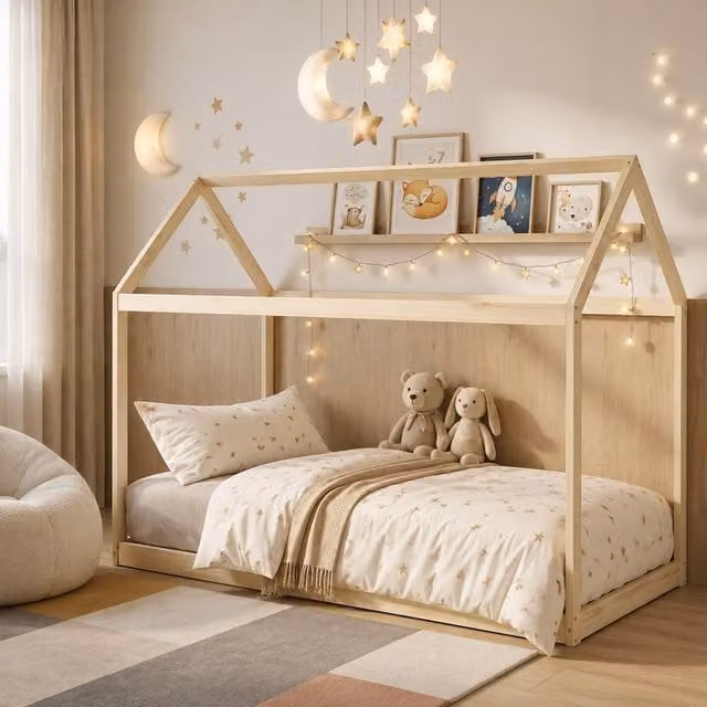 STILVORA House-Shaped Single Bed Frame in Natural Pine Wood, W/D/H: 90 x 190 cm – 1