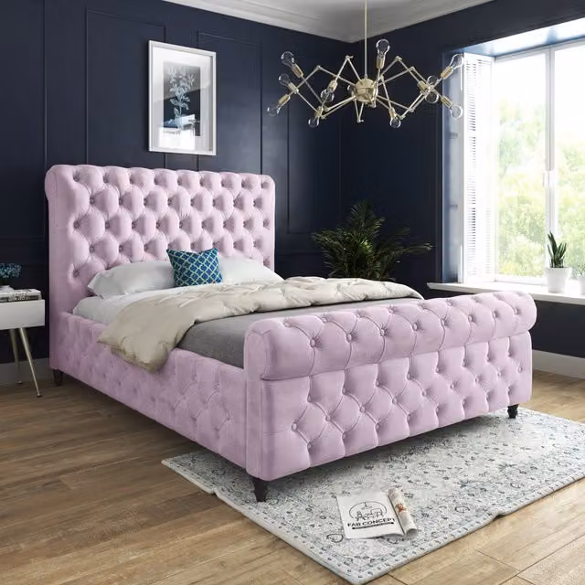 Nestling Sleigh Upholstered Velvet Bed Frame in Pink, W/D/H: 140 x 200 cm