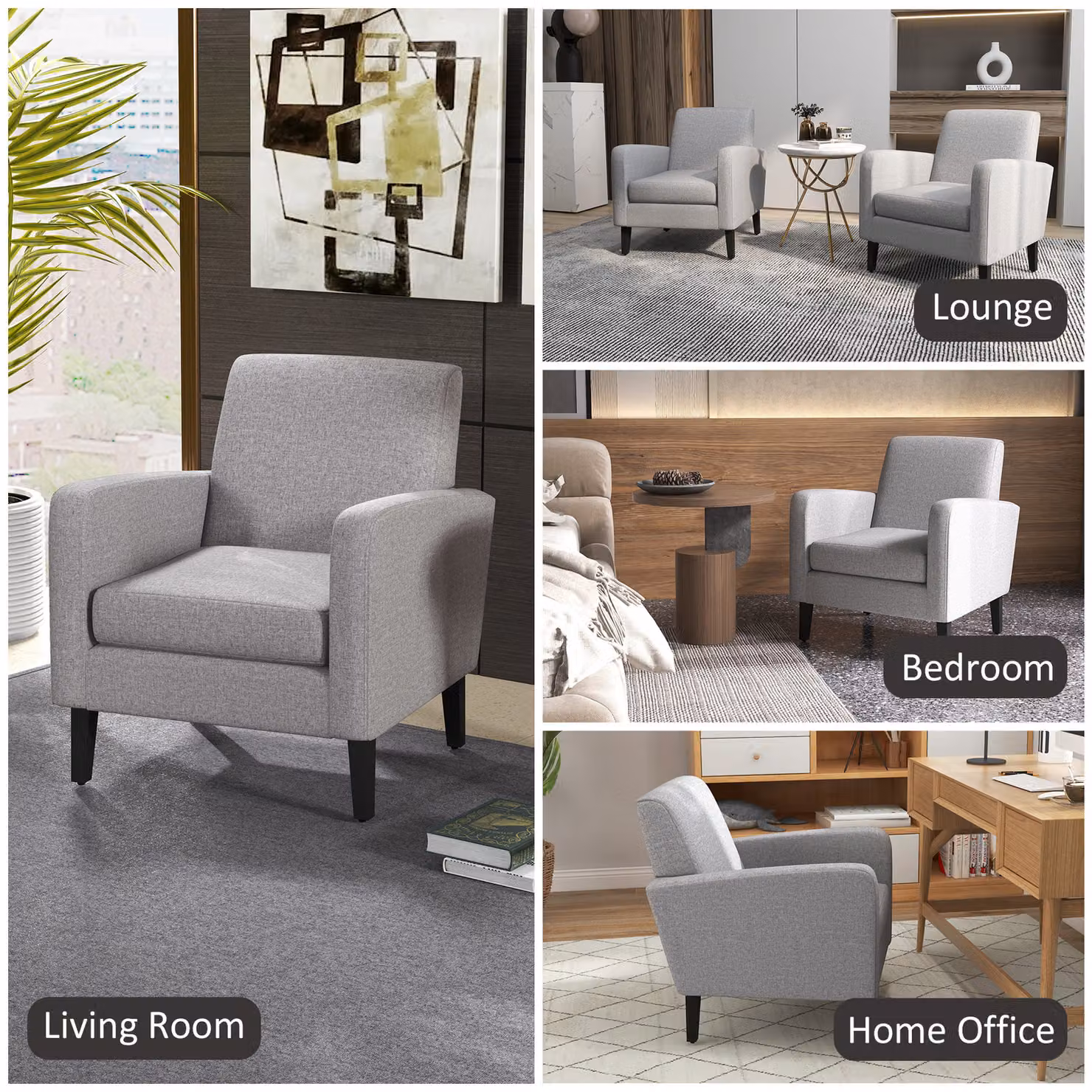 HOMCOM Set of 2 Modern Upholstered Accent Armchairs in Light Grey with Rubberwood Legs – 6