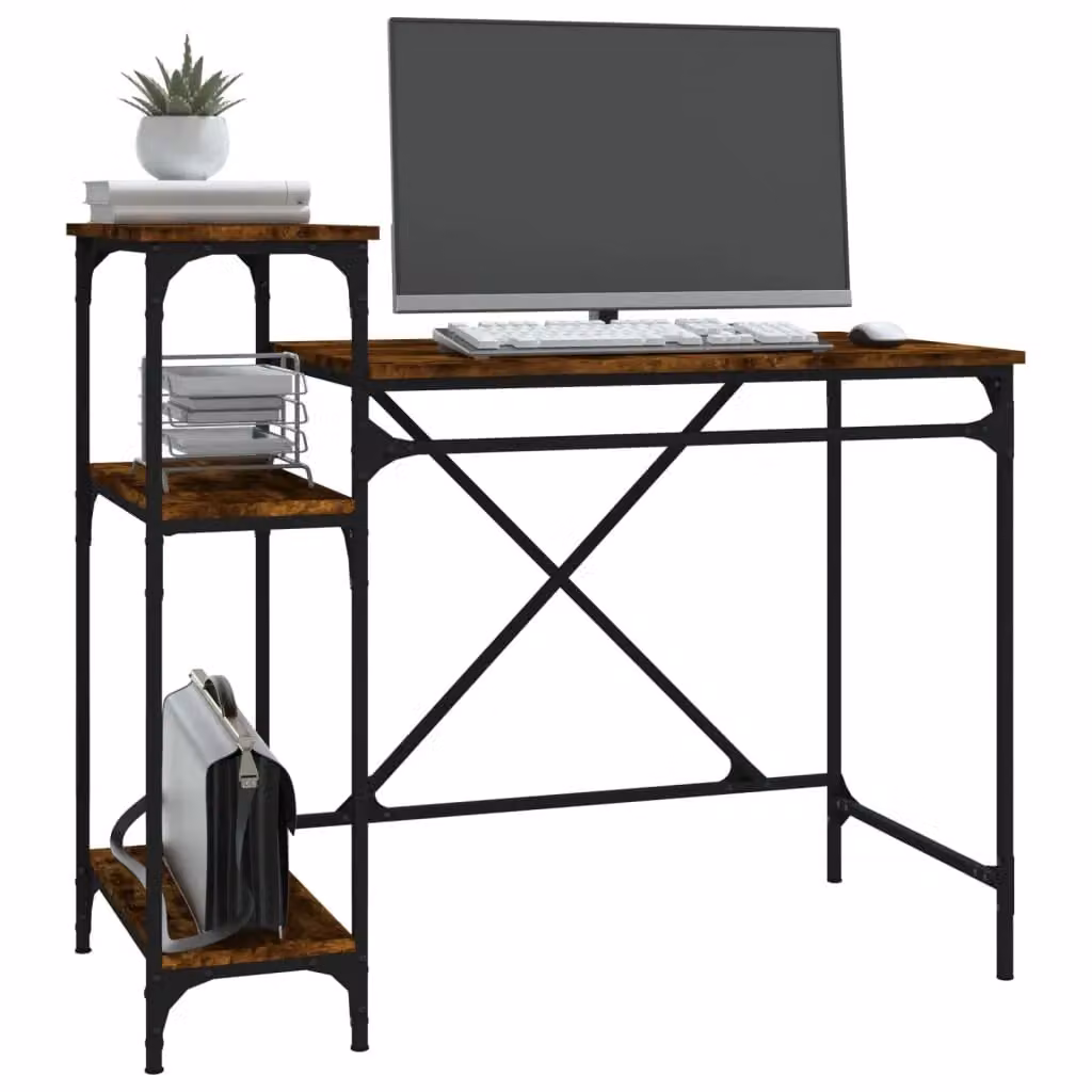 Berkfield Home Industrial Computer Desk with Shelves in Smoked Oak and Brown, W/D/H: 105 x 50 x 90 cm – 3