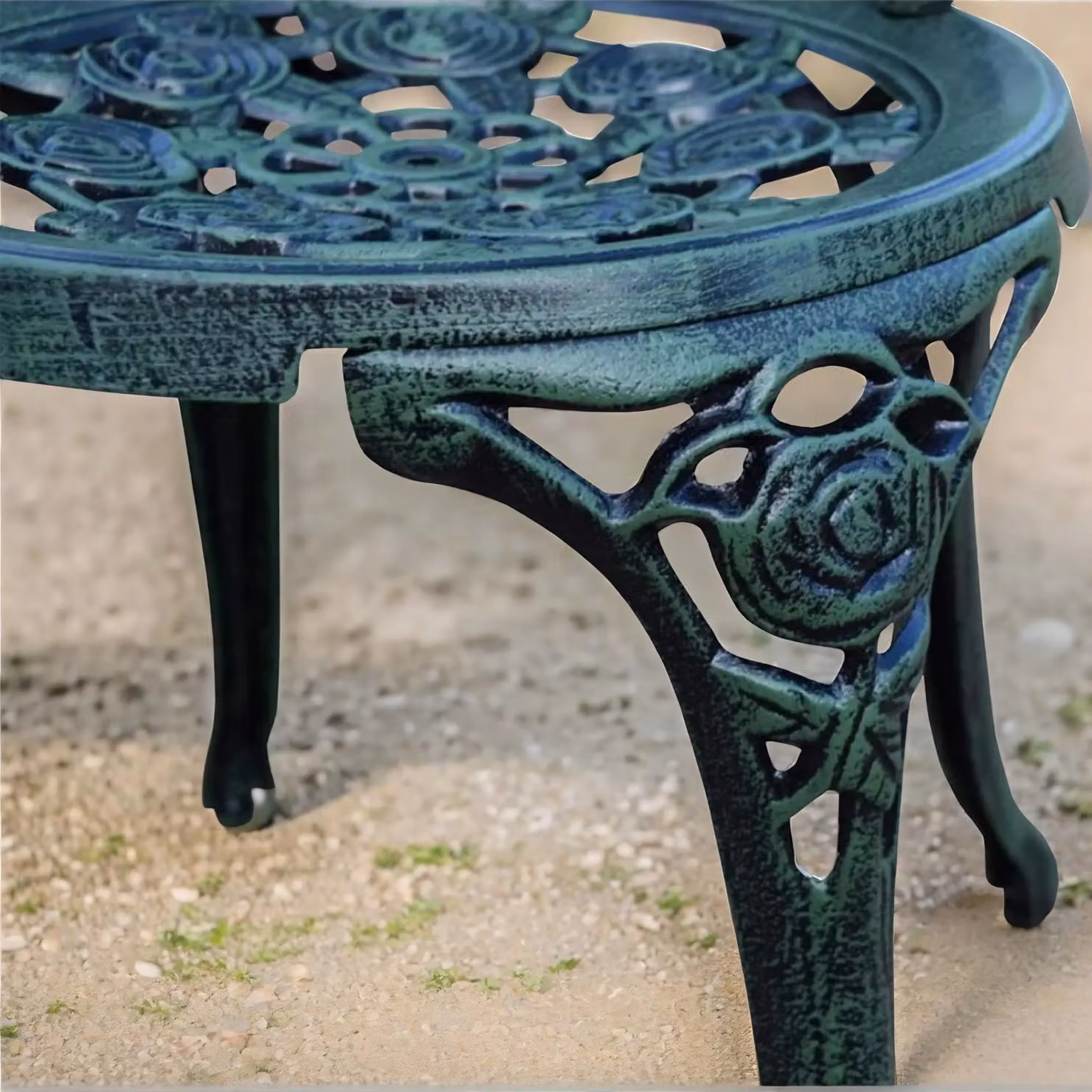 FURNOS Set of 3 Cast Iron Rose Floral Bistro Table and Chairs in Antique Green – 2
