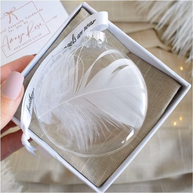 Amaya Rose Ltd In Memory of Feather Round Glass Bauble in Clear