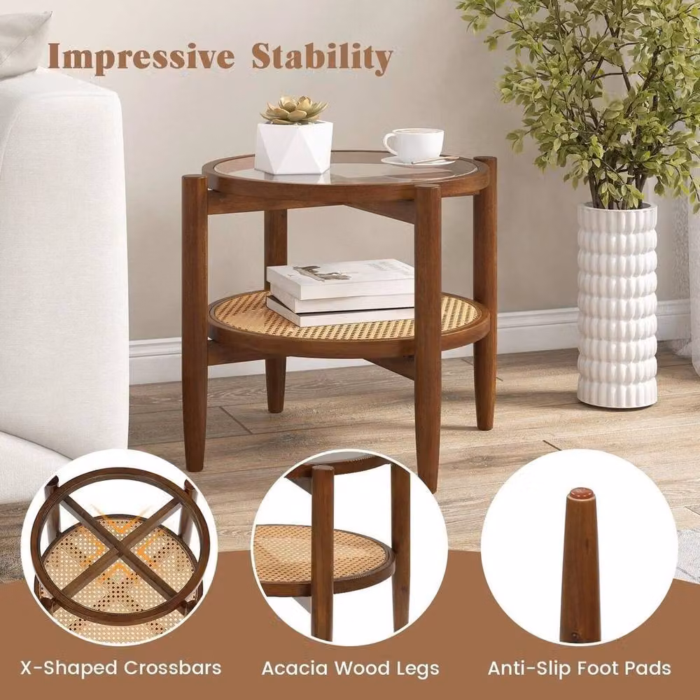 Kelvenix Mid-Century Round 2-Tier Side Table in Brown Acacia Wood and Glass, W/D/H: 46 x 46 x 46 cm – 4