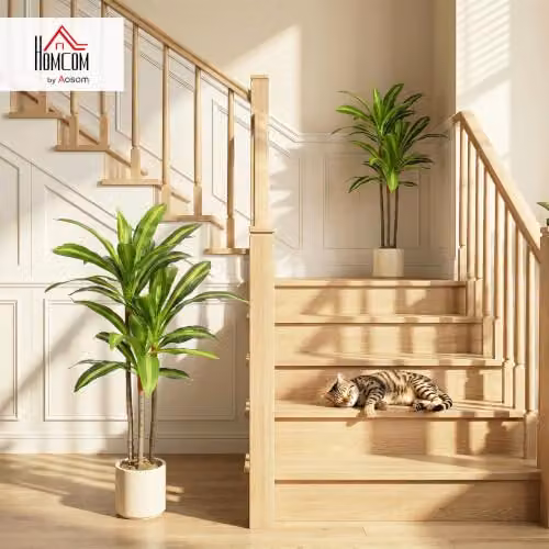 HOMCOM Set of 2 Artificial Dracaena Trees with Bendable Trunks, Green and White, Height: 90 cm – 2