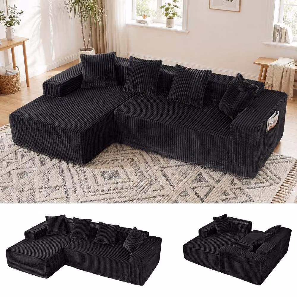 Dprodo 4 Seater Modular Left L-Shaped Sectional Sofa in Black Velvet Cord Fabric, Width: 261 cm – 2