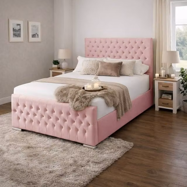 Desire Deco Kensington Upholstered King Size Bed Frame in Pink Plush Velvet