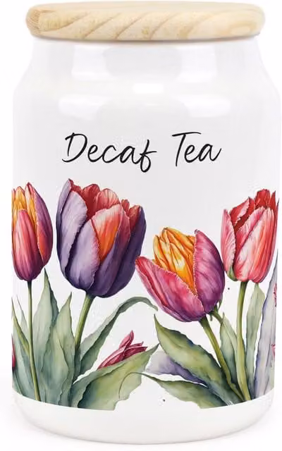Purely Home Tulips Floral Ceramic Decaf Tea Storage Canister in Purple and White