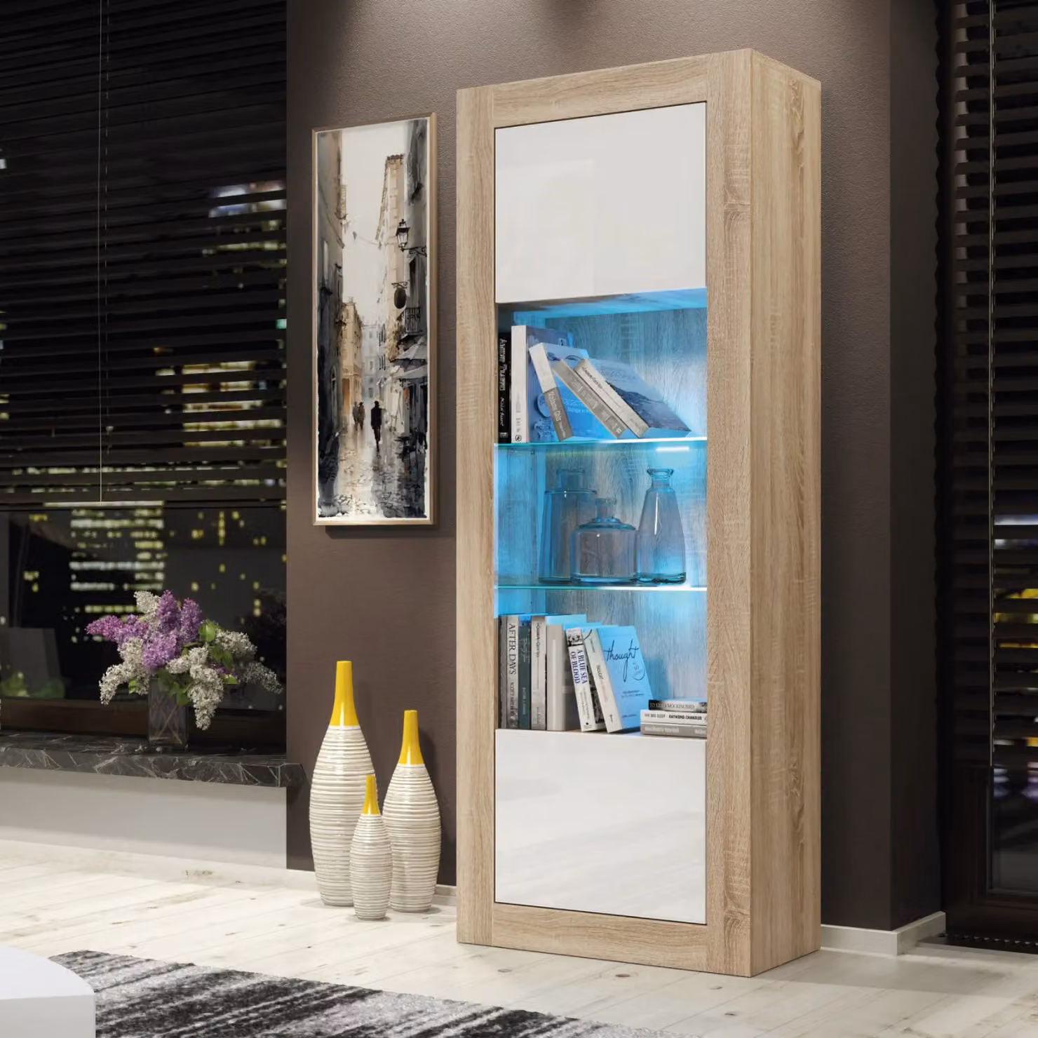 Mex Furniture LTD Modern Display Cabinet with LED Lighting and Glossy Glass Doors in Brown, Height: 170 cm – 4