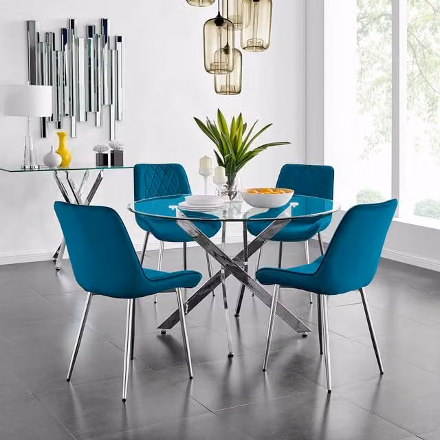 FurnitureboxUK Novara Round Glass Dining Table and Four Pesaro Blue Chairs with Silver Legs