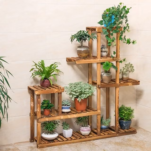 Livingandhome 5-Tiered Rustic Wooden Plant Stand in Brown