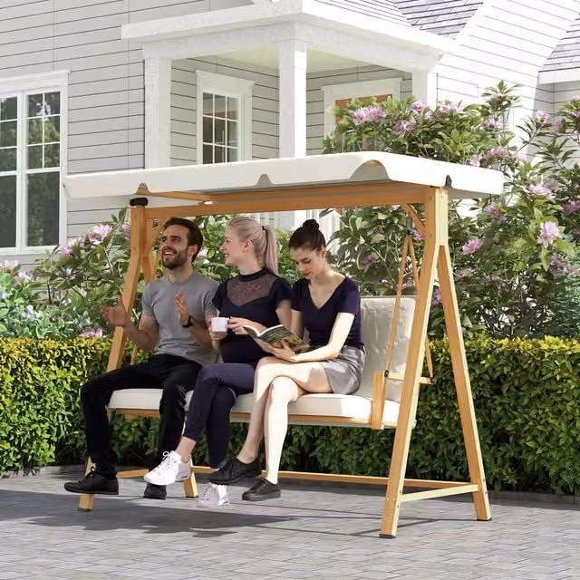 Outsunny 3 Seater Swing Chair with Sun Canopy and Cushions, Beige and White