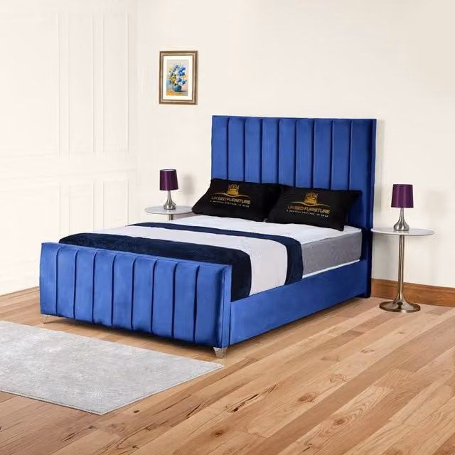UK Bed Furniture Lisburn Blue Velvet Upholstered Slatted Base Bed, W/D/H: 140 x 200 cm – 1