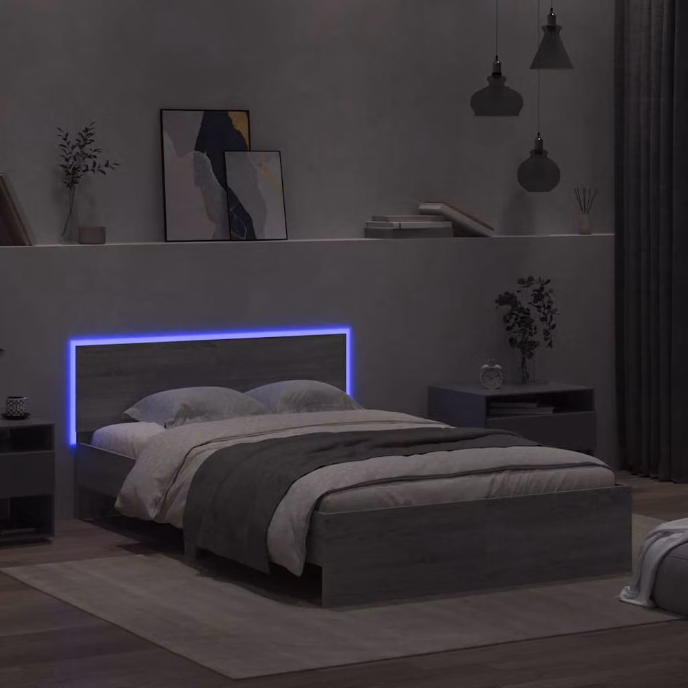 Berkfield Home Modern Bed Frame with Headboard, LED Under-Bed Lighting and USB Charging Port, Grey Sonoma, W: 140 cm, L: 190 cm – 3