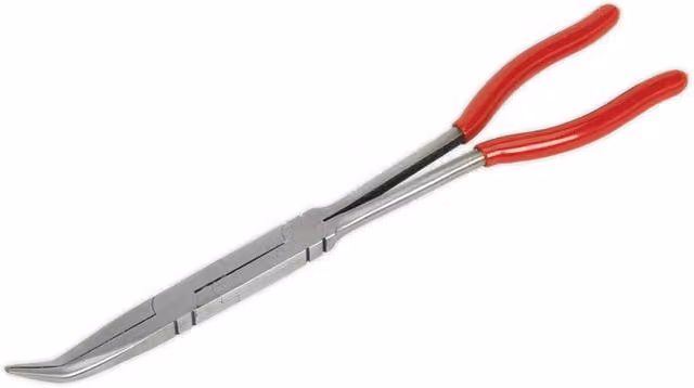 Loops Double Jointed Angled Long Nose Pliers with Serrated Jaws in Red and Multicolour Chrome Vanadium Steel