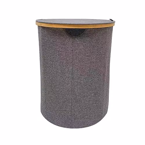 AMOS 100L Round Laundry Basket with Lid and Removable Inner Bag, Grey, Collapsible Fabric Design – 1