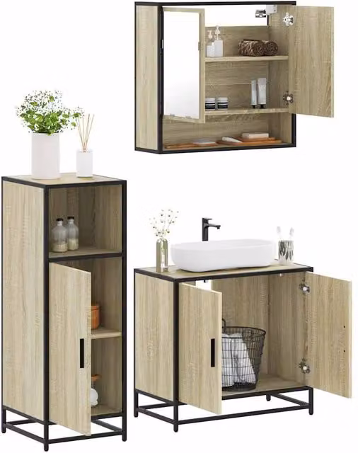 Berkfield Home 3 Piece Industrial Bathroom Furniture Set in Brown Sonoma Oak Engineered Wood